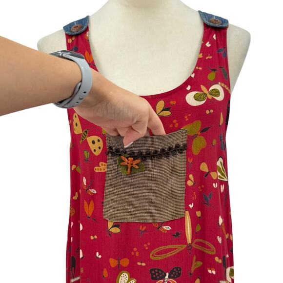 Vtg F. L. Malik Red Crepe Butterfly Dragonfly Novelty Print Maxi Jumper Dress - Picture 7 of 11